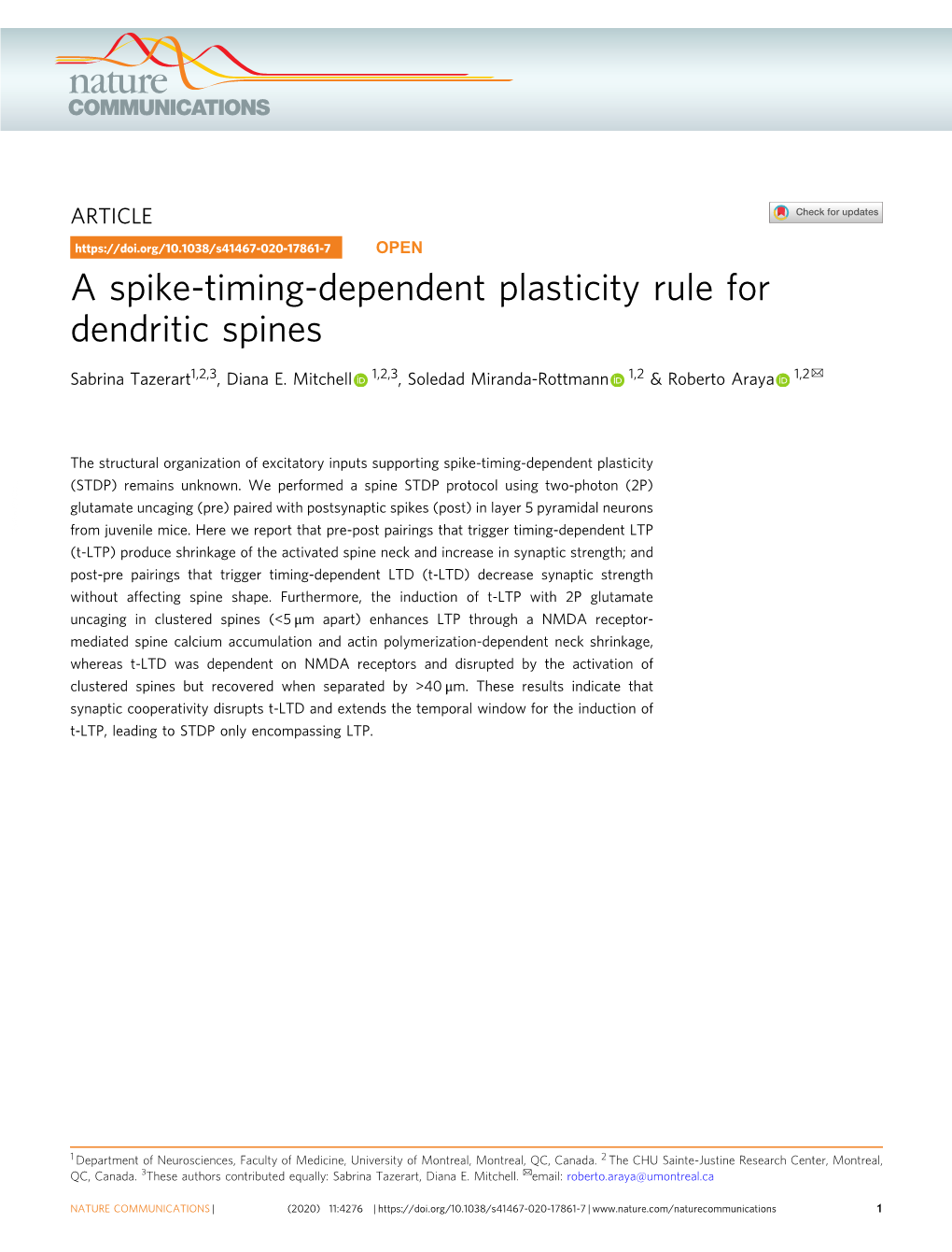 A Spike-Timing-Dependent Plasticity Rule for Dendritic Spines ✉ Sabrina Tazerart1,2,3, Diana E