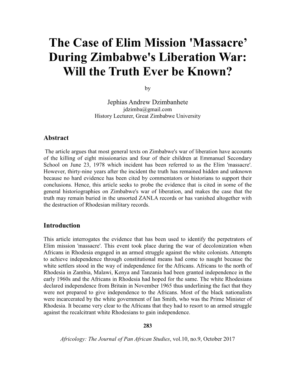The Case of Elim Mission 'Massacre' During Zimbabwe's Liberation