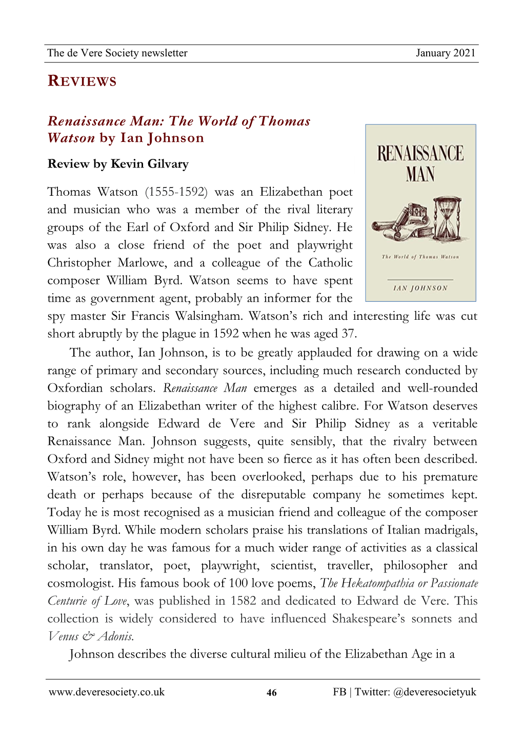 Renaissance Man: the World of Thomas Watson by Ian Johnson Review by Kevin Gilvary