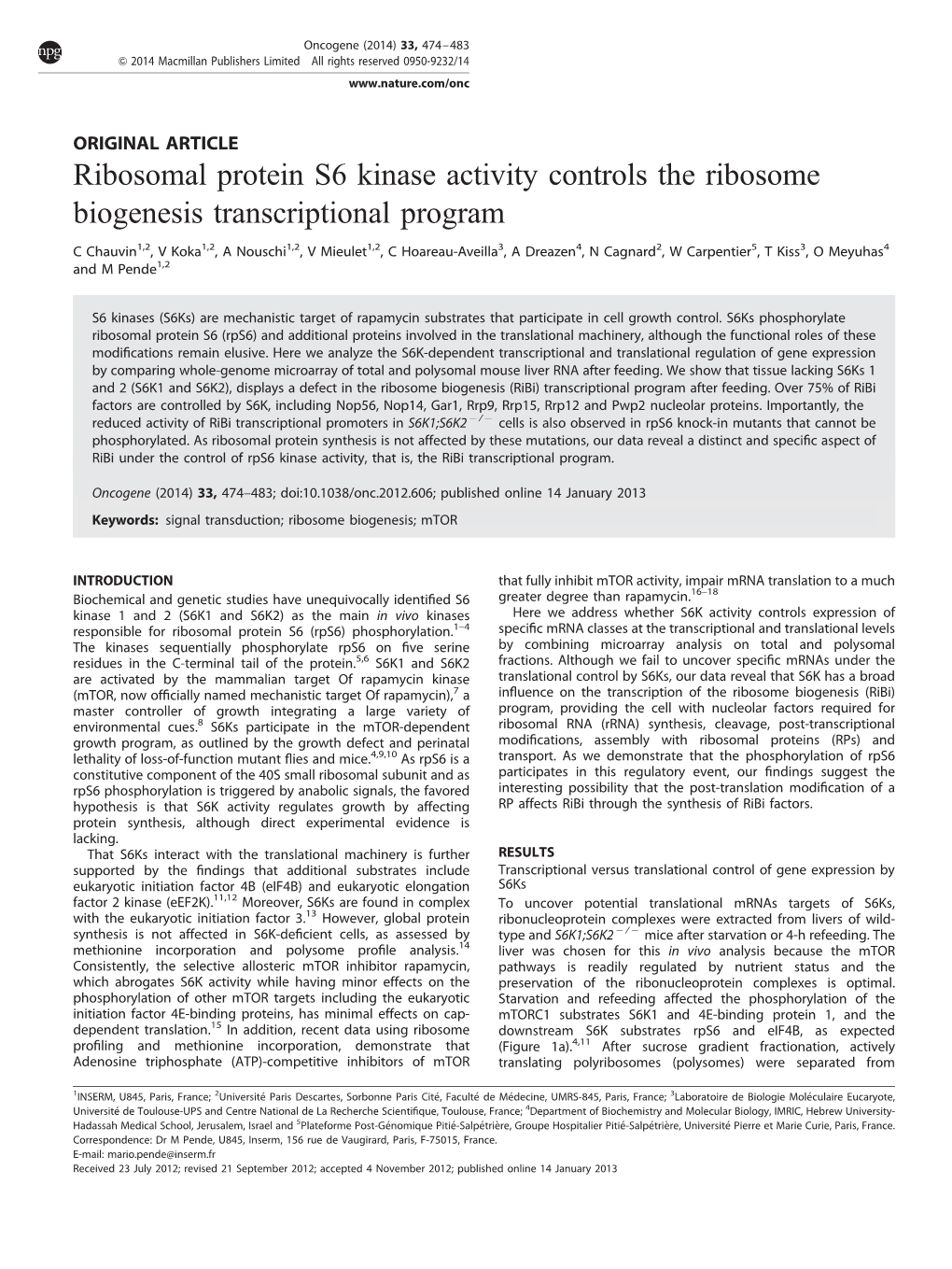 Ribosomal Protein S6 Kinase Activity Controls the Ribosome Biogenesis Transcriptional Program