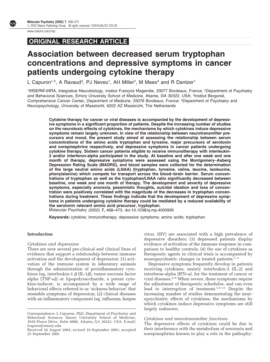 Association Between Decreased Serum Tryptophan Concentrations