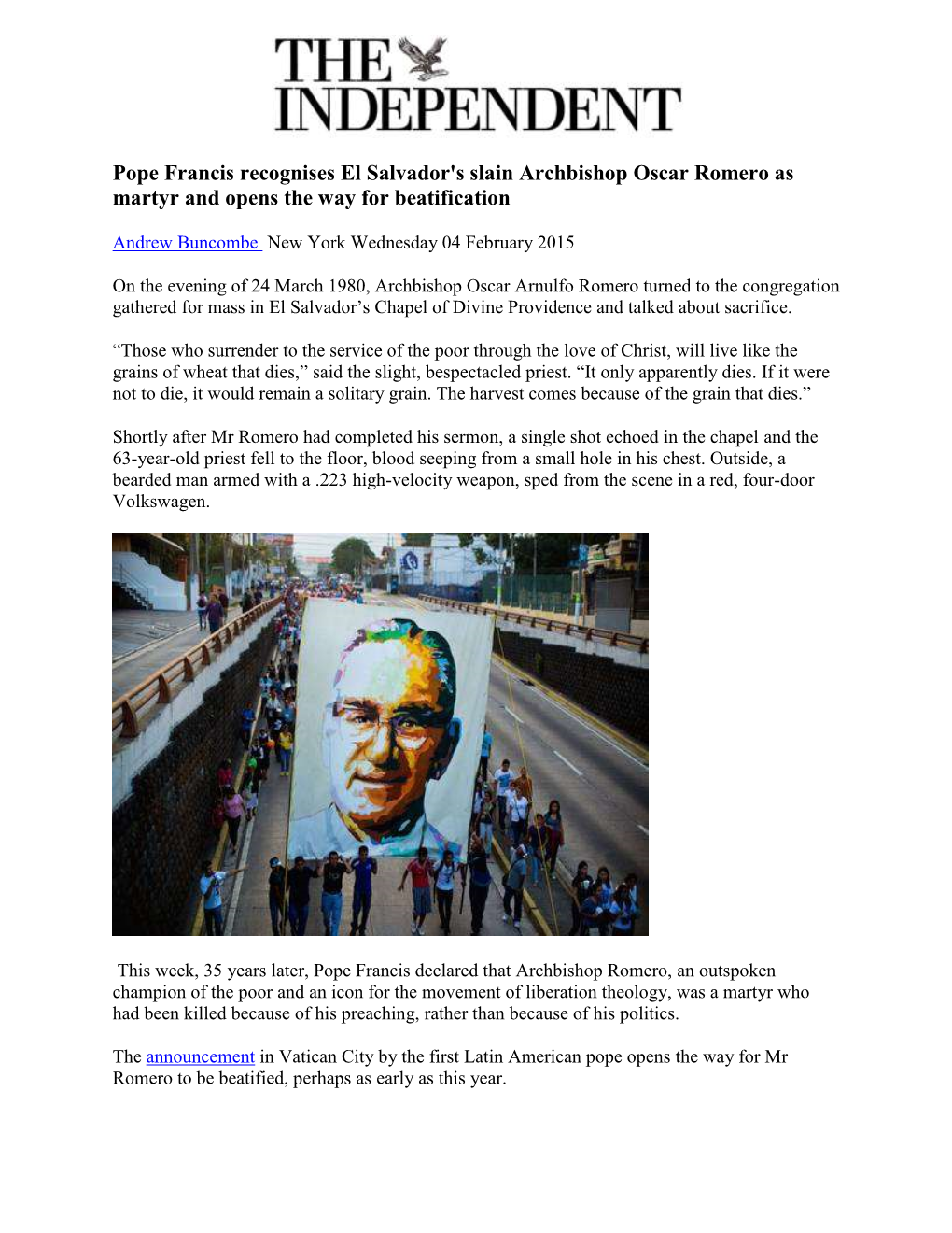 Pope Francis Recognises El Salvador's Slain Archbishop Oscar Romero As Martyr and Opens the Way for Beatification