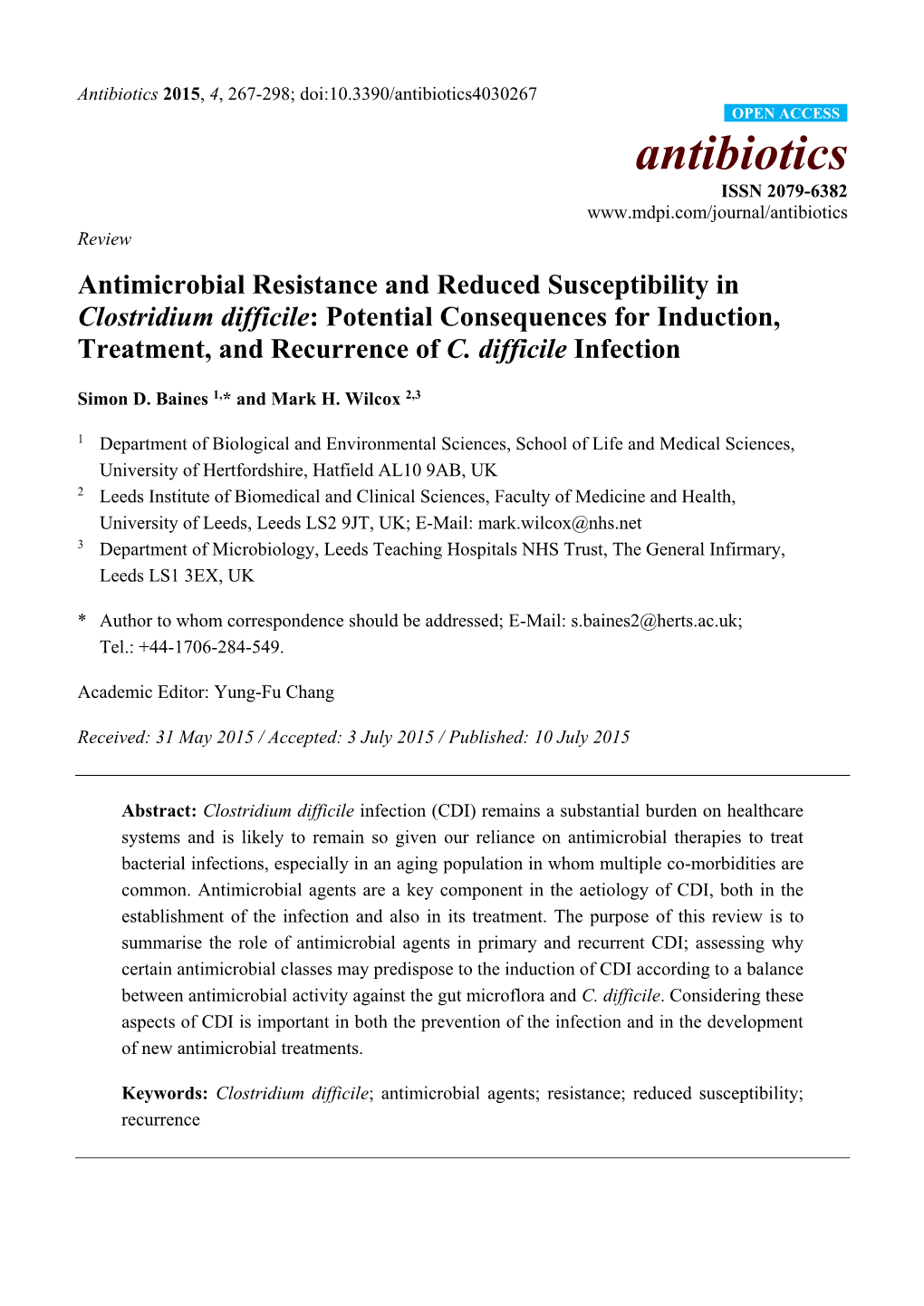 Antimicrobial Resistance and Reduced Susceptibility in Clostridium Difficile: Potential Consequences for Induction, Treatment, and Recurrence of C