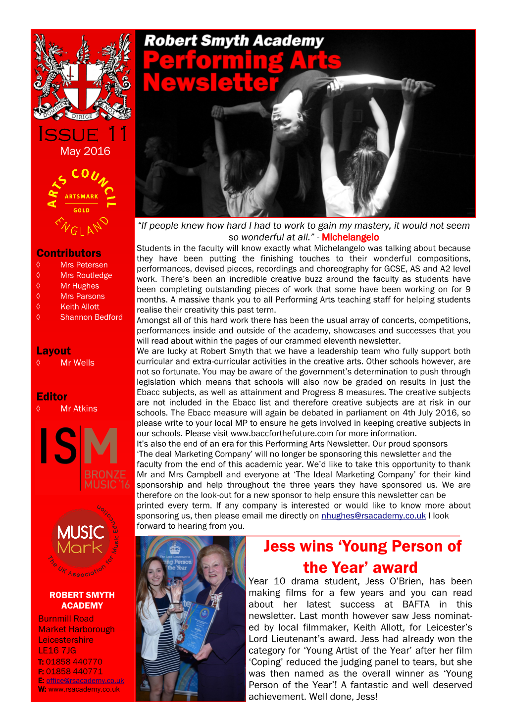 Issue 11 May 2016 Performing Arts Newsletter Date Newsletter ELEVENTH