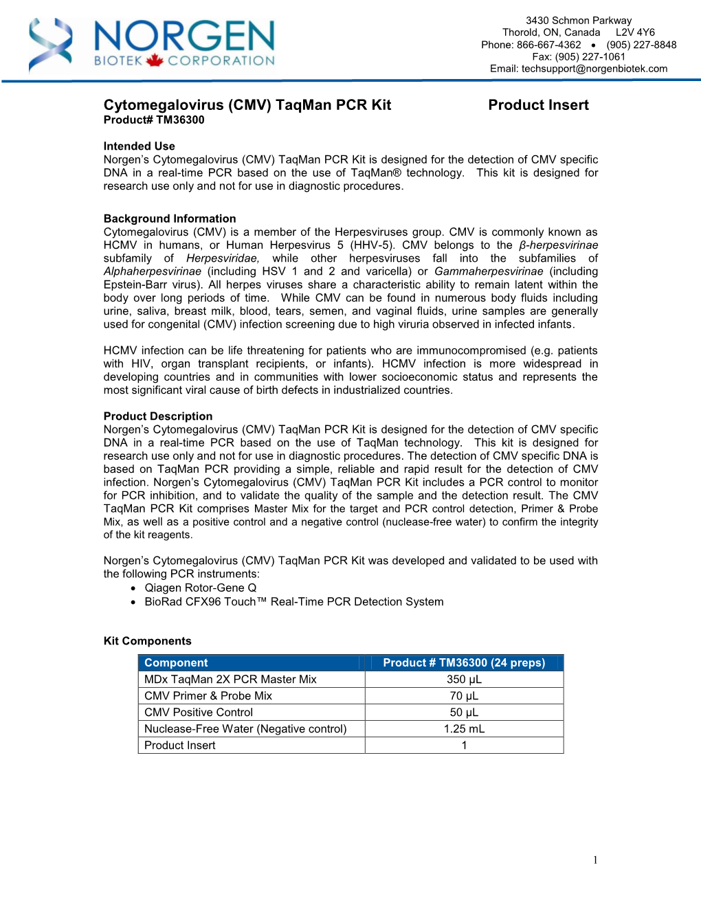 Cytomegalovirus (CMV) Taqman PCR Kit Product Insert Product# TM36300