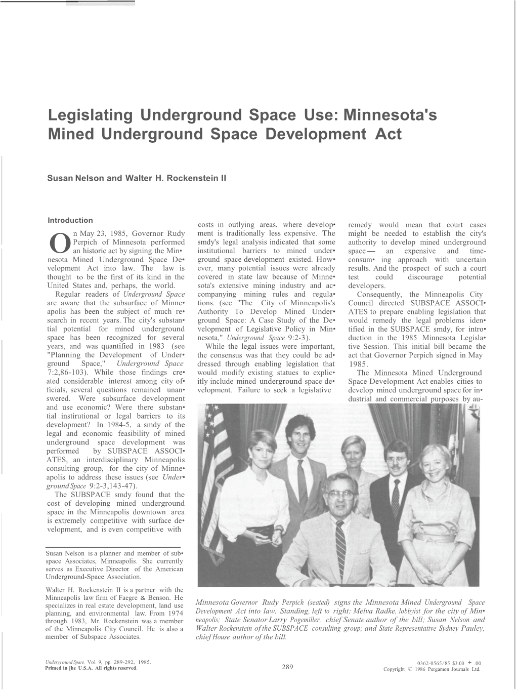 Legislating Underground Space Use: Minnesota's Mined Underground Space Development Act