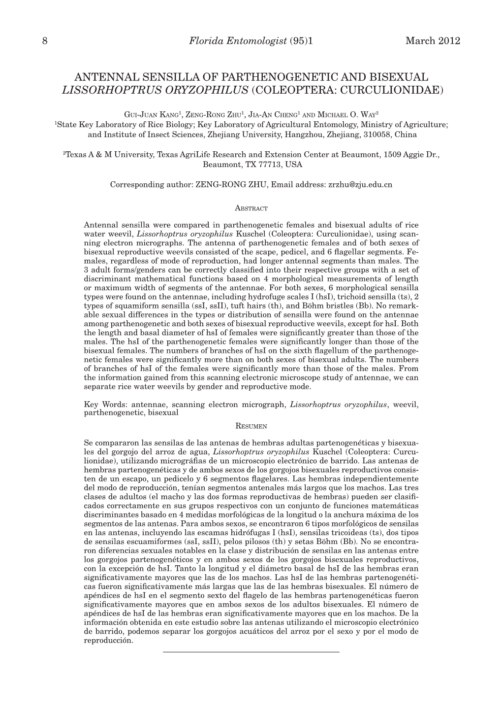 Antennal Sensilla of Parthenogenetic and Bisexual Lissorhoptrus Oryzophilus (Coleoptera: Curculionidae)