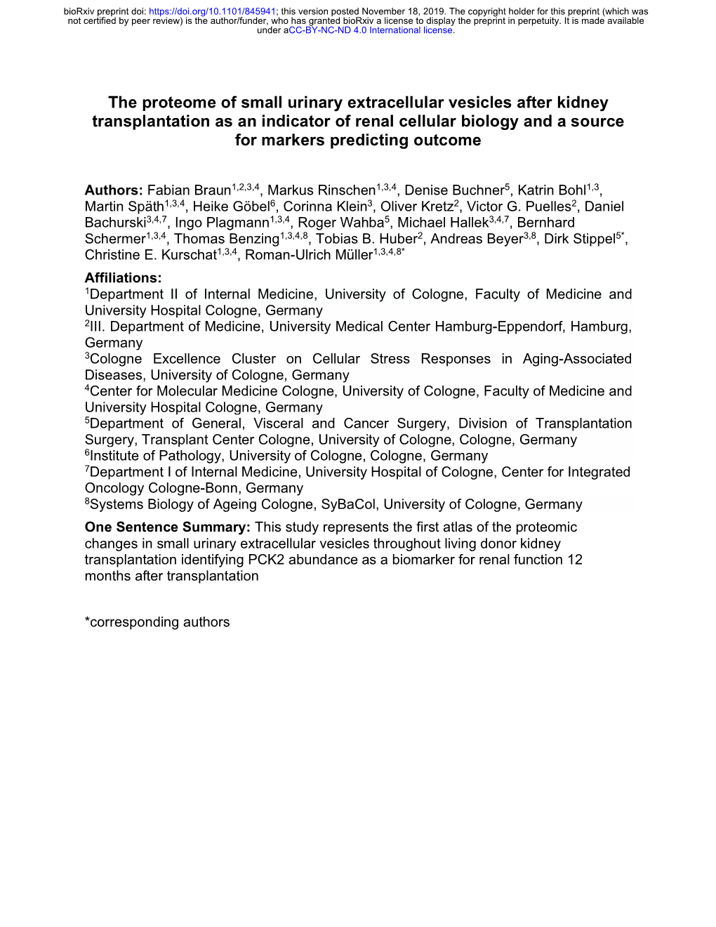 The Proteome of Small Urinary Extracellular Vesicles After Kidney