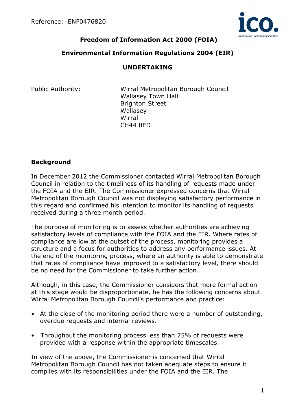 Wirral Metropolitan Borough Council Undertaking