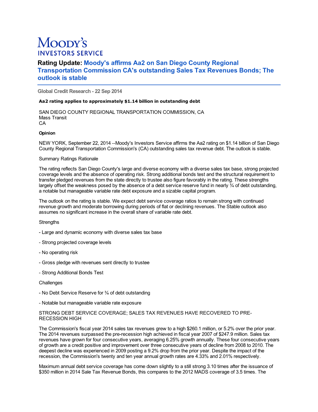 Moody's Affirms Aa2 on San Diego County Regional Transportation Commission CA's Outstanding Sales Tax Revenues Bonds; the Outlook Is Stable