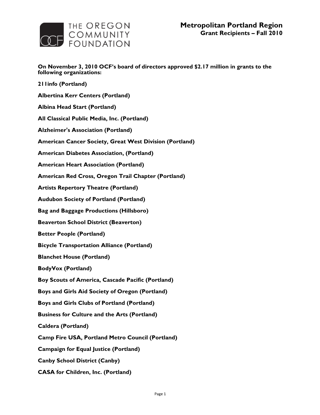 Metropolitan Portland Region Grant Recipients – Fall 2010