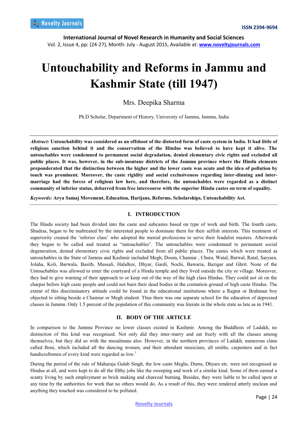 Untouchability and Reforms in Jammu and Kashmir State (Till 1947)