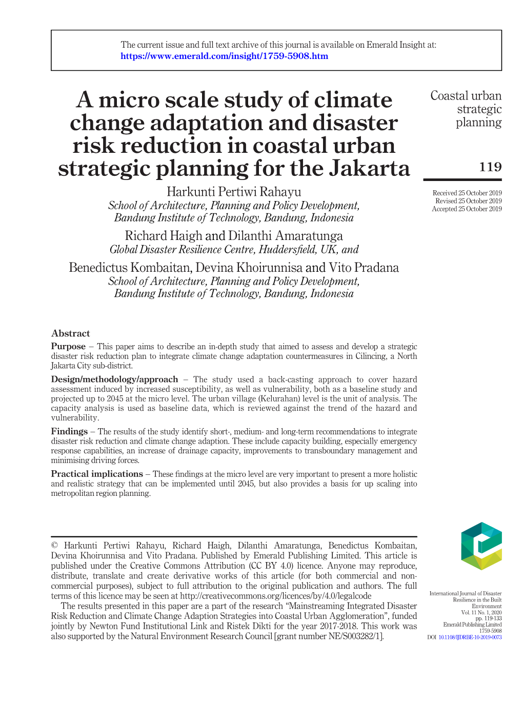 A Micro Scale Study of Climate Change Adaptation and Disaster Risk Reduction in Coastal Urban Strategic Planning for the Jakarta