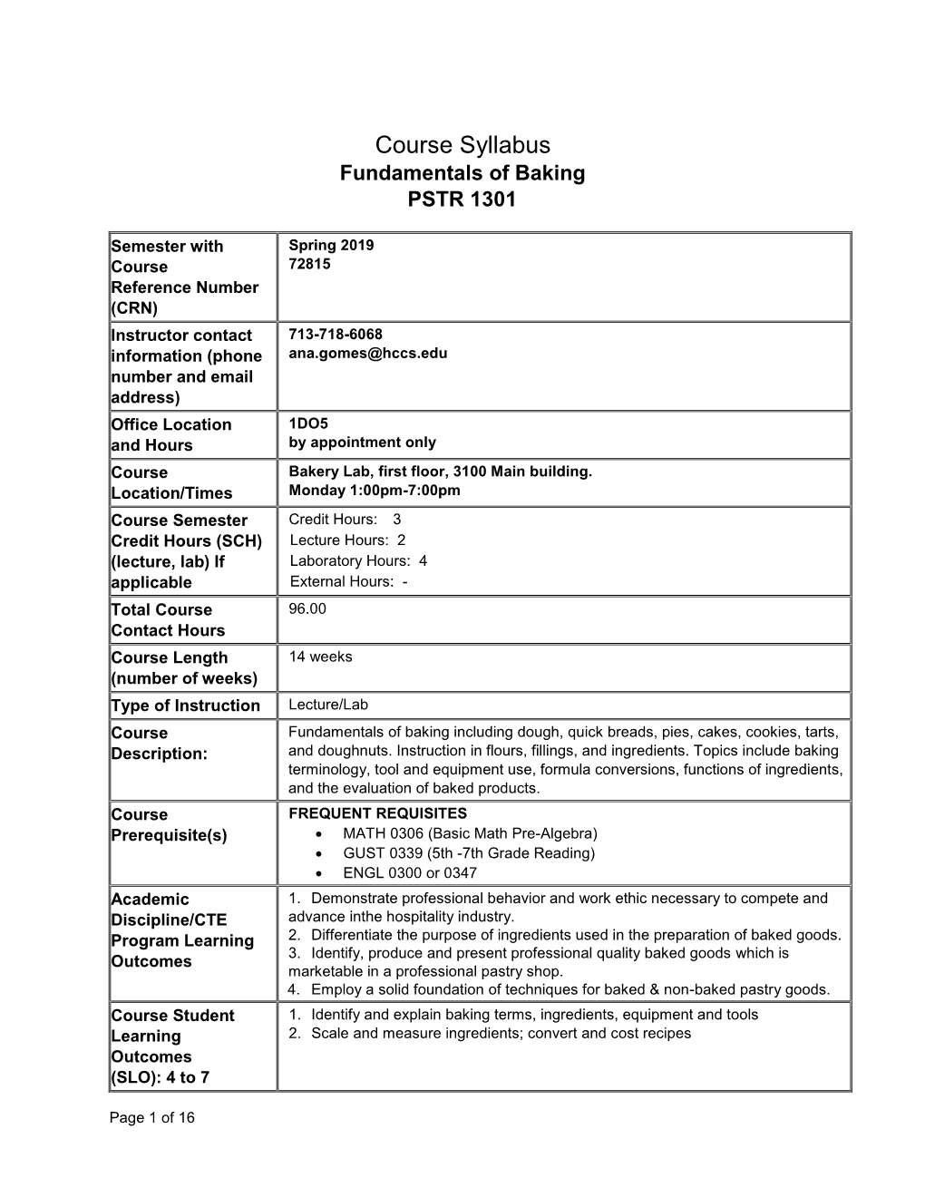Course Syllabus Fundamentals of Baking PSTR 1301