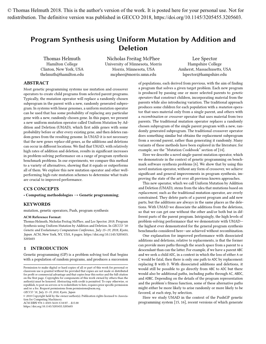 Program Synthesis Using Uniform Mutation by Addition and Deletion