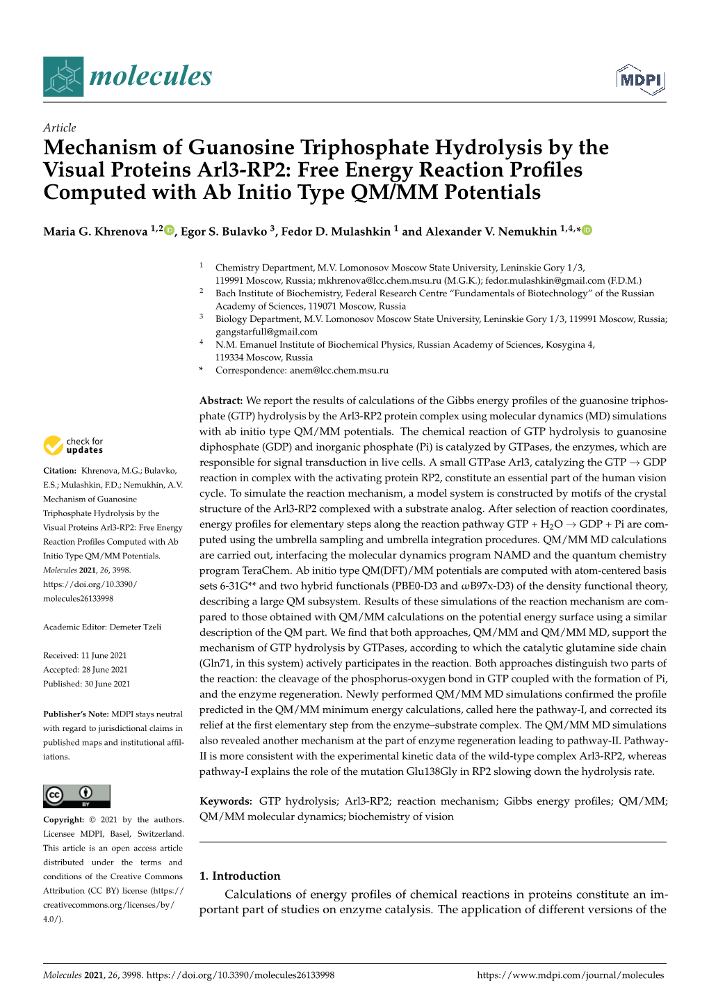 Mechanism of Guanosine Triphosphate Hydrolysis by the Visual Proteins Arl3-RP2: Free Energy Reaction Proﬁles Computed with Ab Initio Type QM/MM Potentials