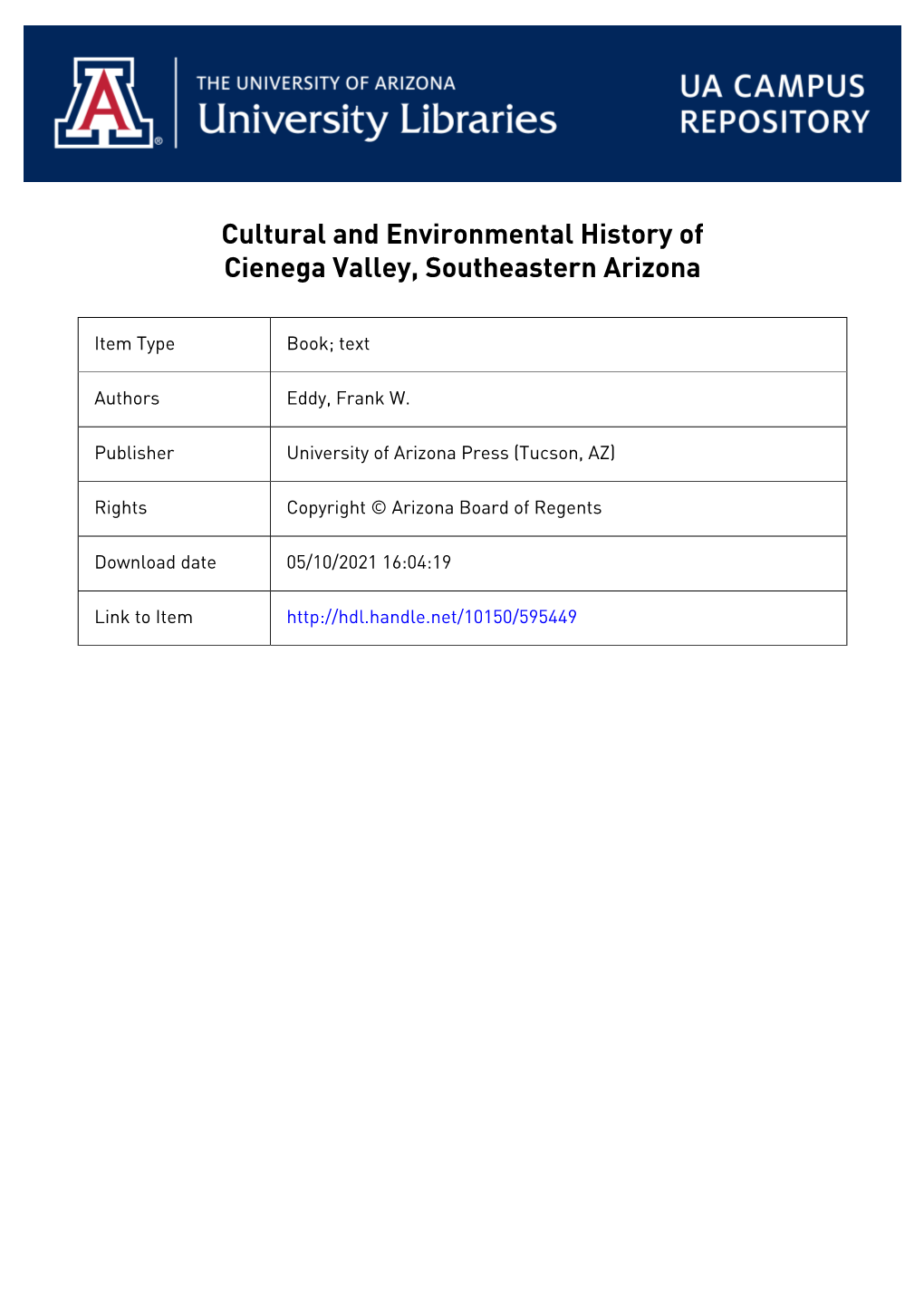 Cultural and Environmental History of Cienega Valley, Southeastern Arizona