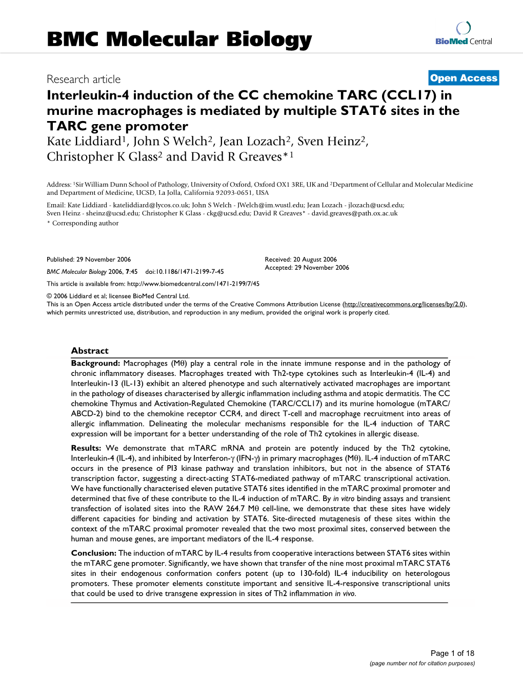 Interleukin-4 Induction of the CC Chemokine TARC (CCL17)