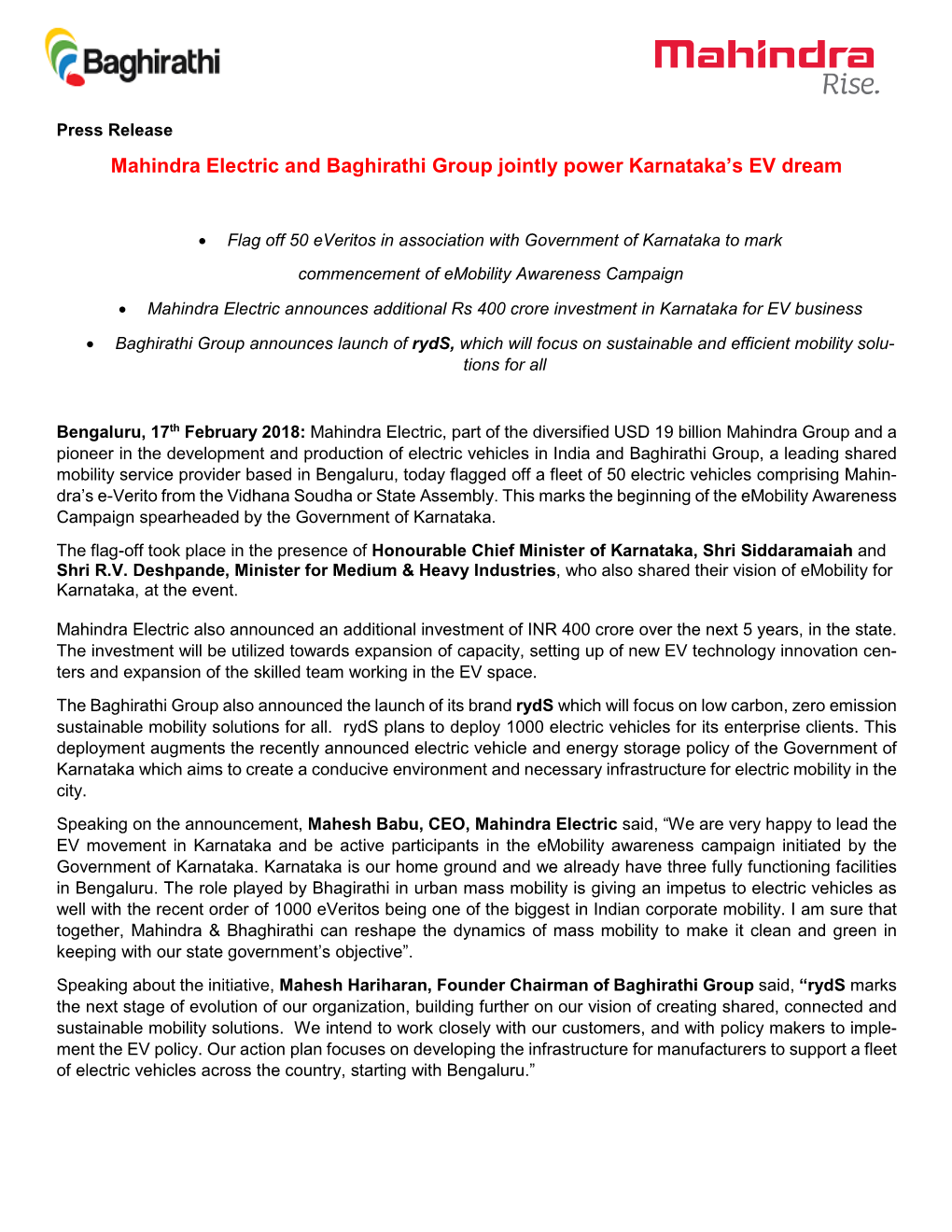 Mahindra Electric and Baghirathi Group Jointly Power Karnataka's EV