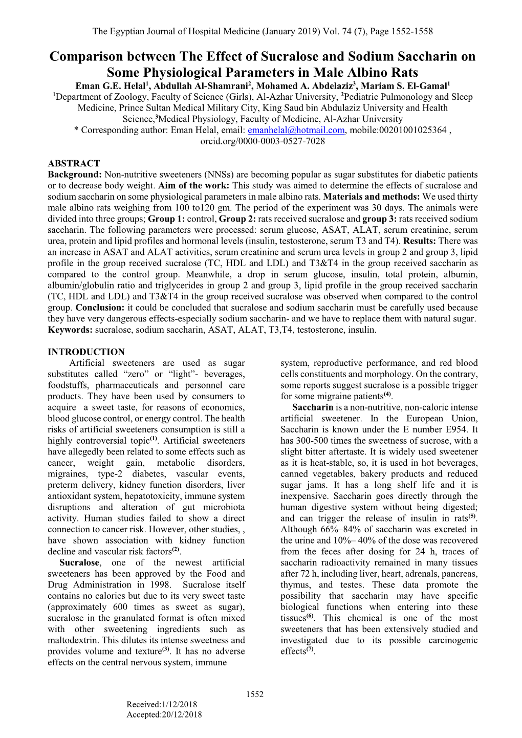 Comparison Between the Effect of Sucralose and Sodium Saccharin on Some Physiological Parameters in Male Albino Rats Eman G.E