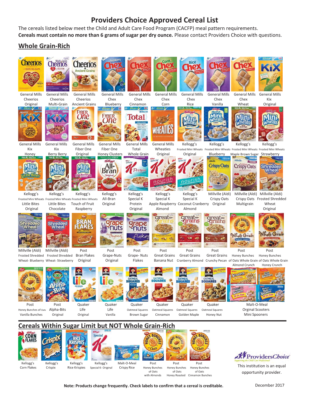 Approved Cereal List the Cereals Listed Below Meet the Child and Adult Care Food Program (CACFP) Meal Pattern Requirements