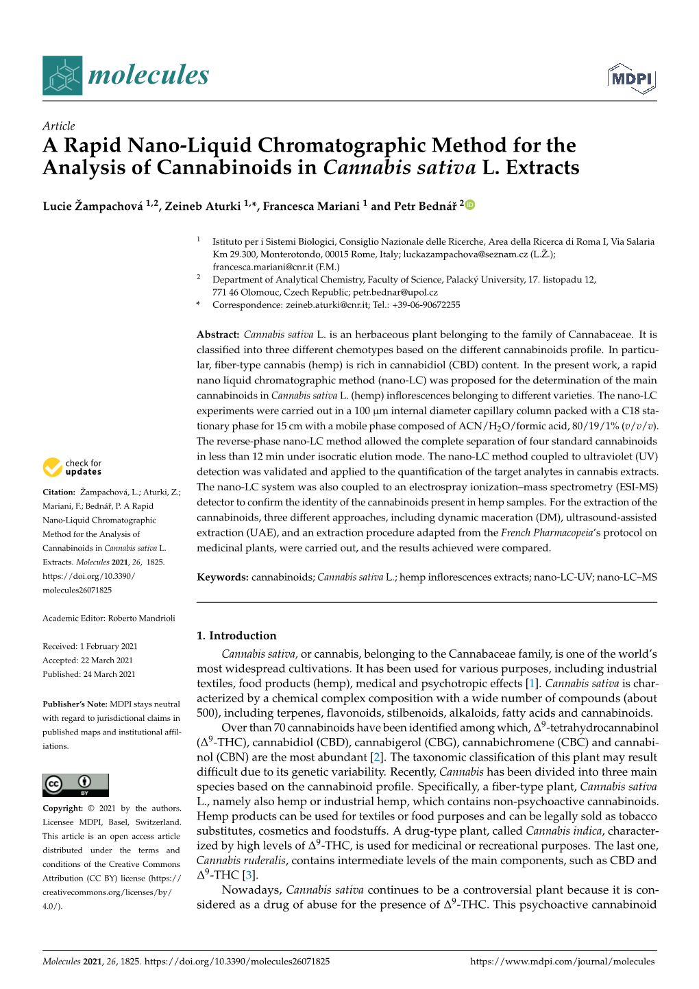 A Rapid Nano-Liquid Chromatographic Method for the Analysis of Cannabinoids in Cannabis Sativa L