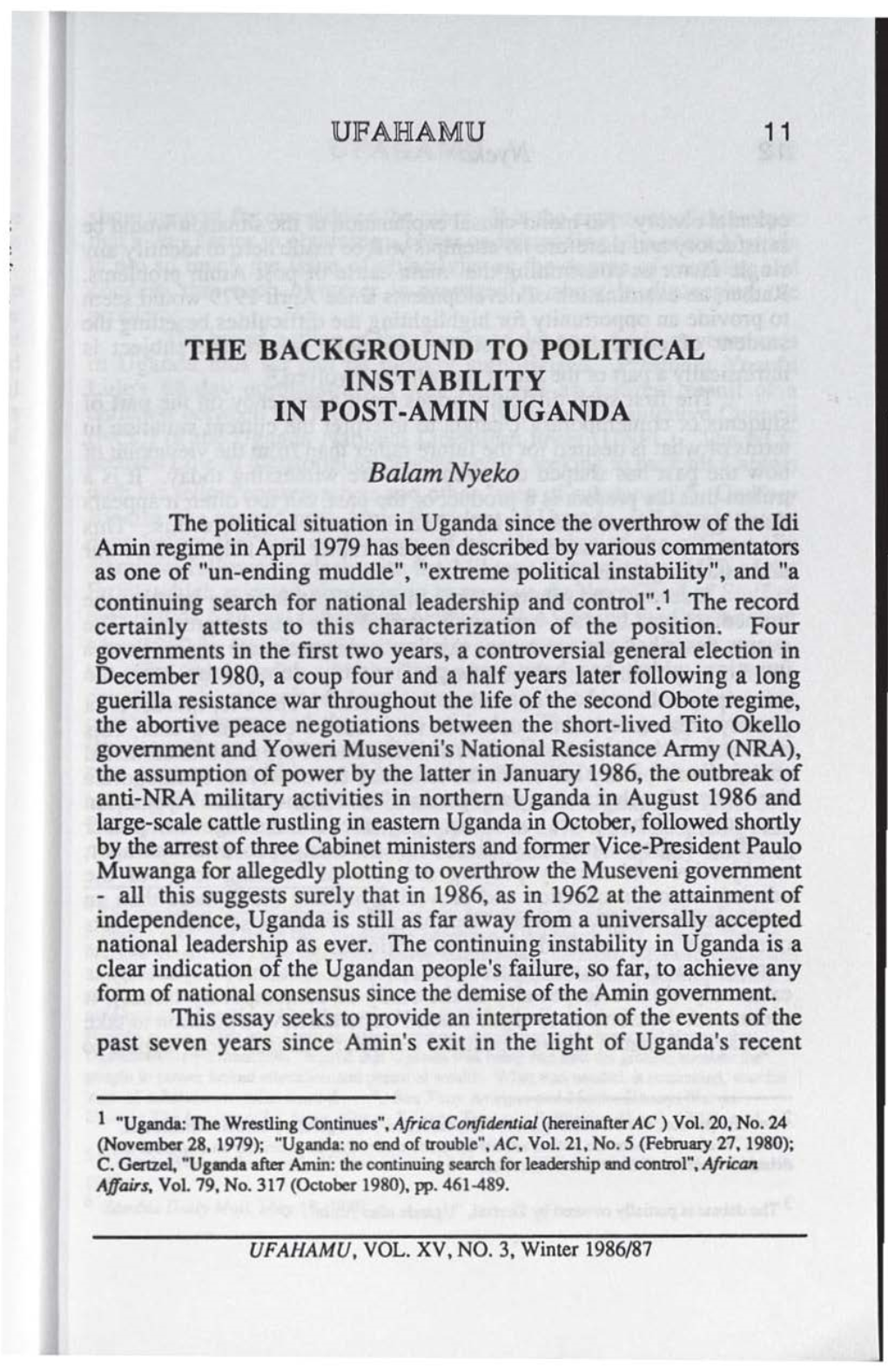 THE BACKGROUND to POLITICAL INSTABILITY in POST-AMIN UGANDA Balamnyeko