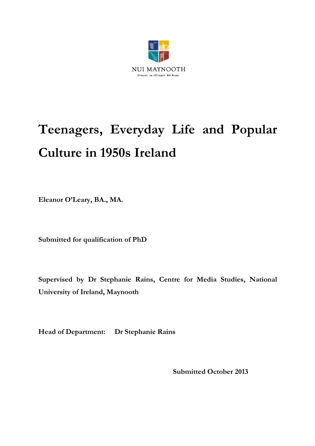 Teenagers, Everyday Life and Popular Culture in 1950S Ireland