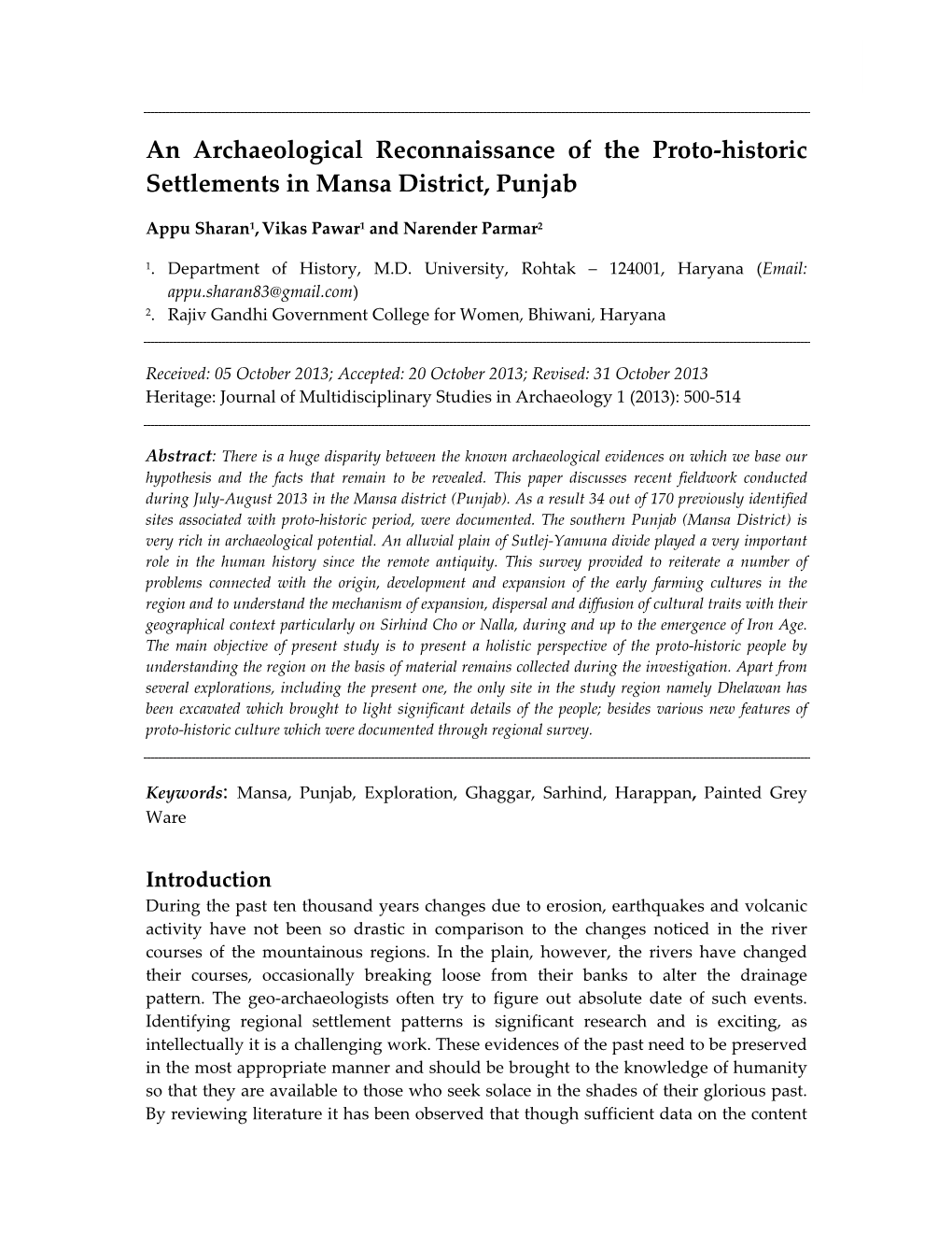 An Archaeological Reconnaissance of the Proto-Historic Settlements In