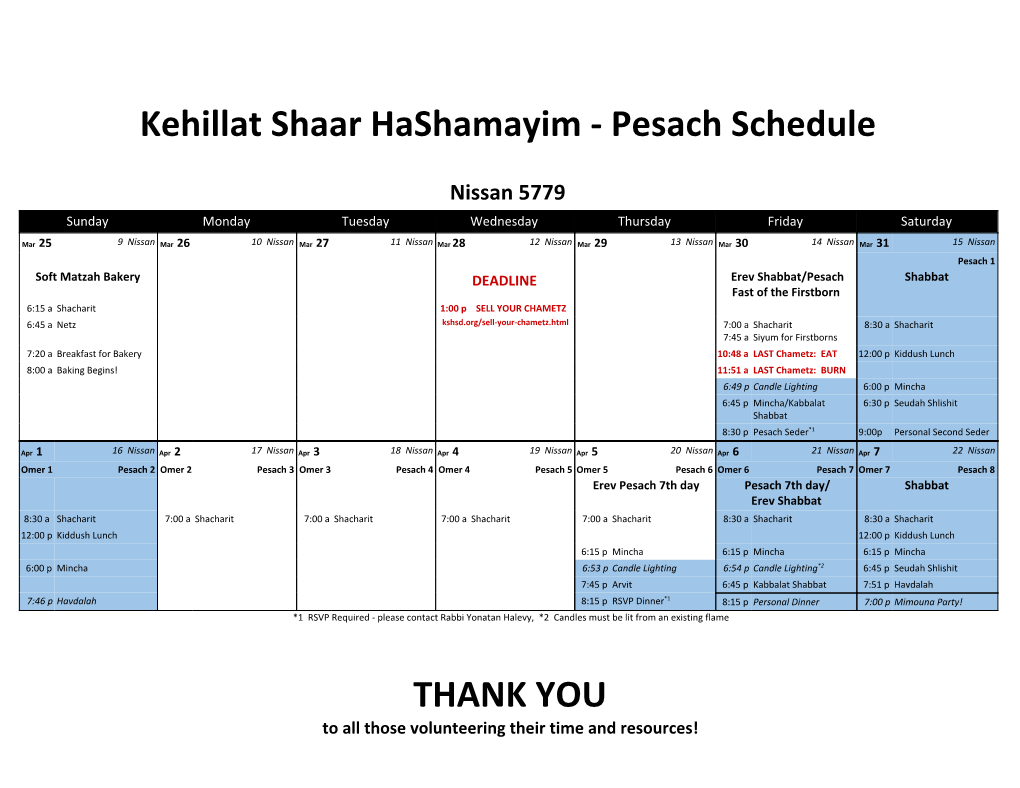 Kehillat Shaar Hashamayim - Pesach Schedule