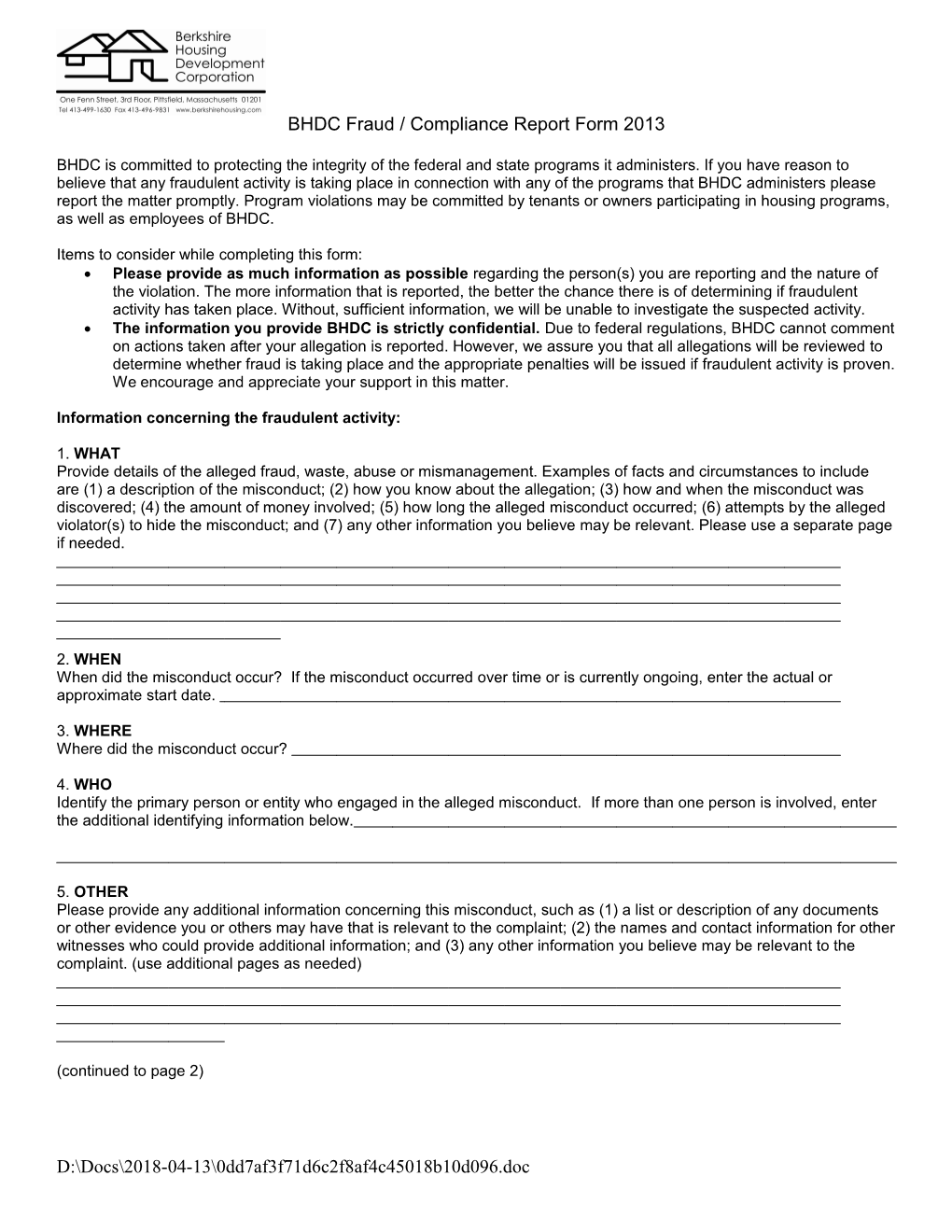 BHDC Fraud / Compliance Report Form 2013