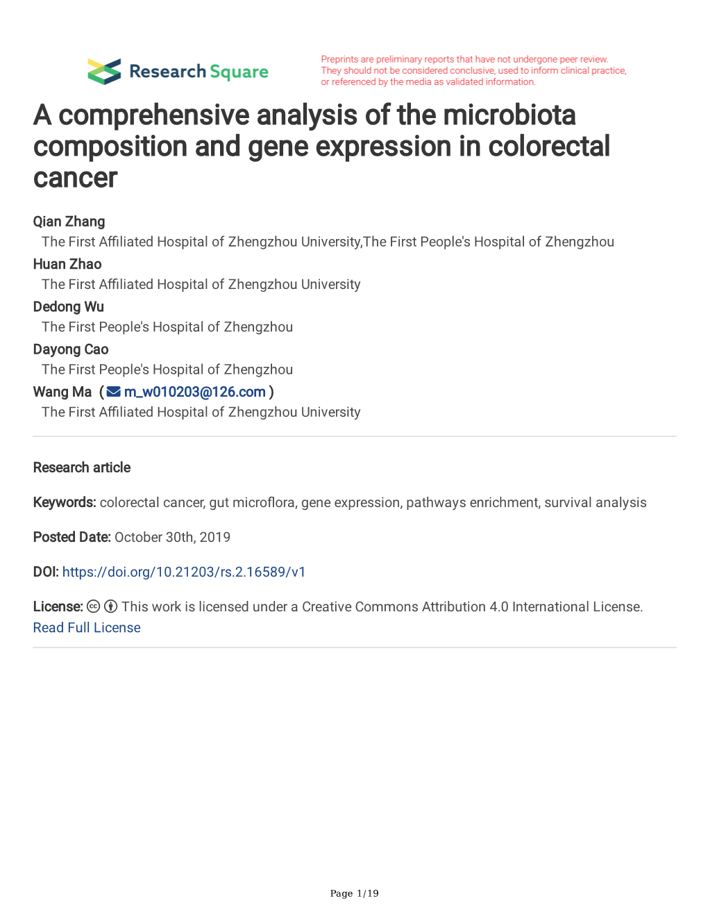 A Comprehensive Analysis of the Microbiota Composition and Gene Expression in Colorectal Cancer