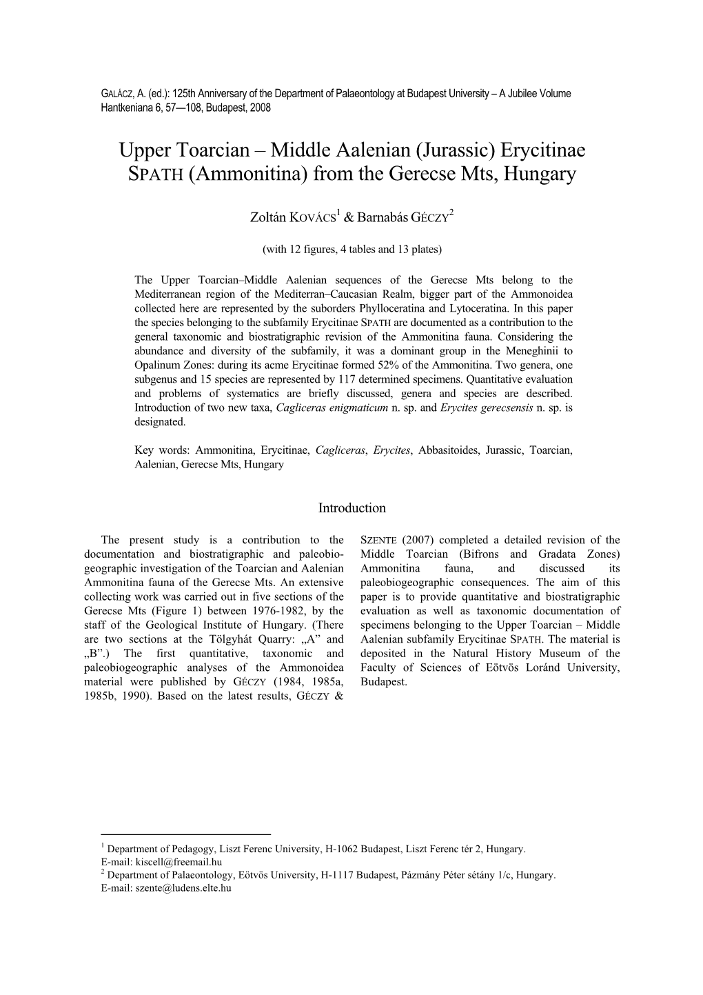 Upper Toarcian – Middle Aalenian (Jurassic) Erycitinae SPATH (Ammonitina) from the Gerecse Mts, Hungary