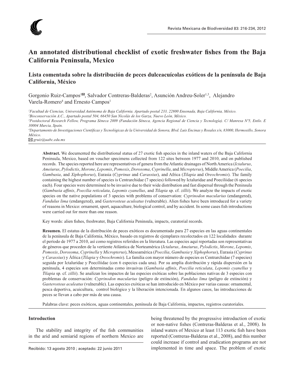 An Annotated Distributional Checklist of Exotic Freshwater Fishes from the Baja California Peninsula, Mexico