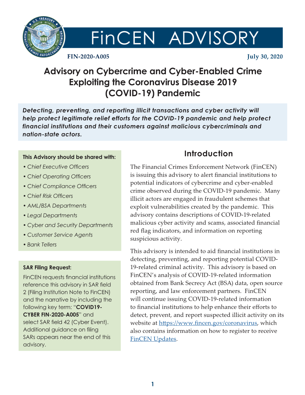 FIN-2020-A005 – Advisory on Cybercrime and Cyber-Enabled