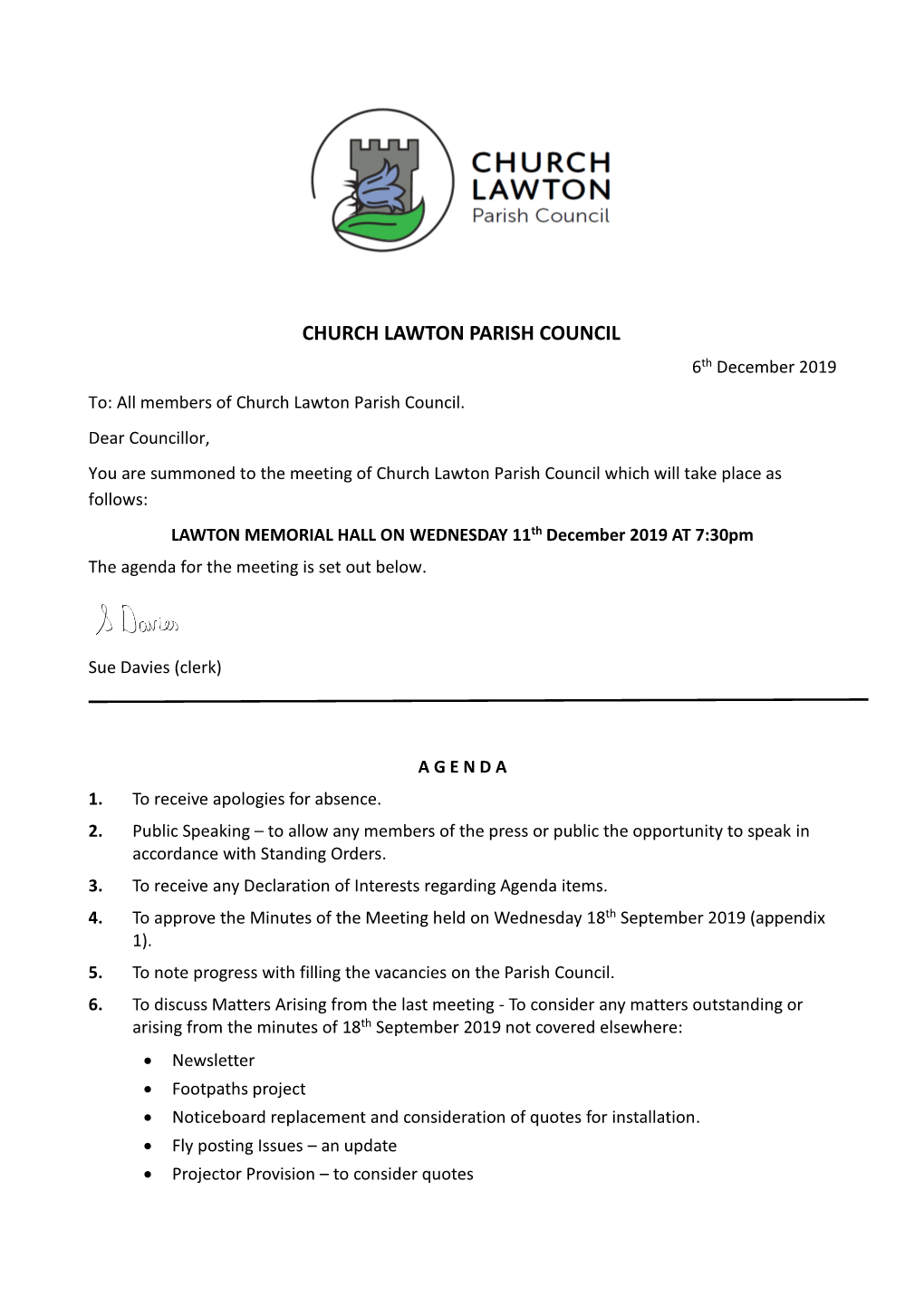 CHURCH LAWTON PARISH COUNCIL 6Th December 2019 To: All Members of Church Lawton Parish Council