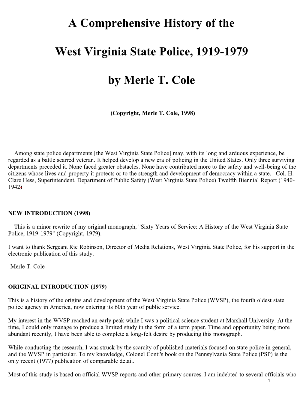 A Comprehensive History of the West Virginia State Police, 1919-1979 By