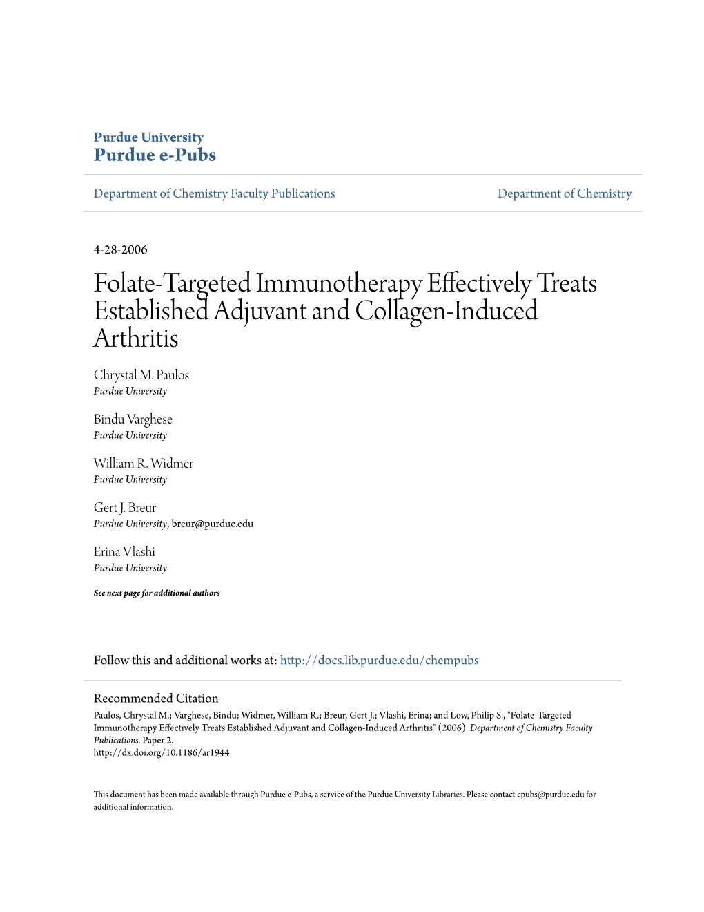 Folate-Targeted Immunotherapy Effectively Treats Established Adjuvant and Collagen-Induced Arthritis Chrystal M