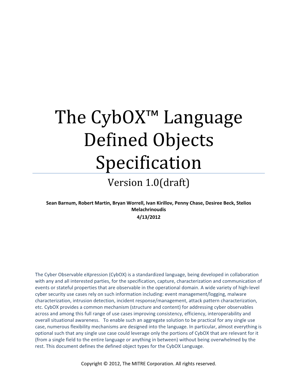 The Cybox™ Language Defined Objects Specification Version 1.0(Draft)