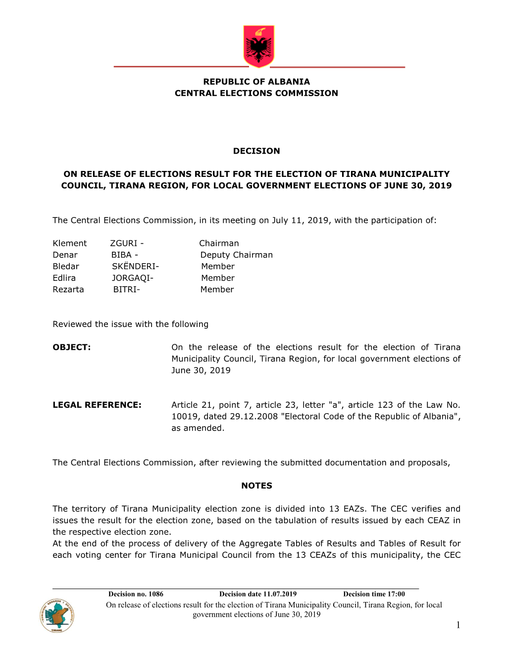 On Release of Elections Result for the Election of Tirana Municipality Council, Tirana Region, for Local Government Elections of June 30, 2019