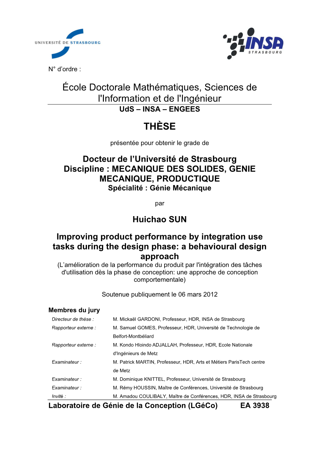 École Doctorale Mathématiques, Sciences De L'information Et De L'ingénieur Uds – INSA – ENGEES