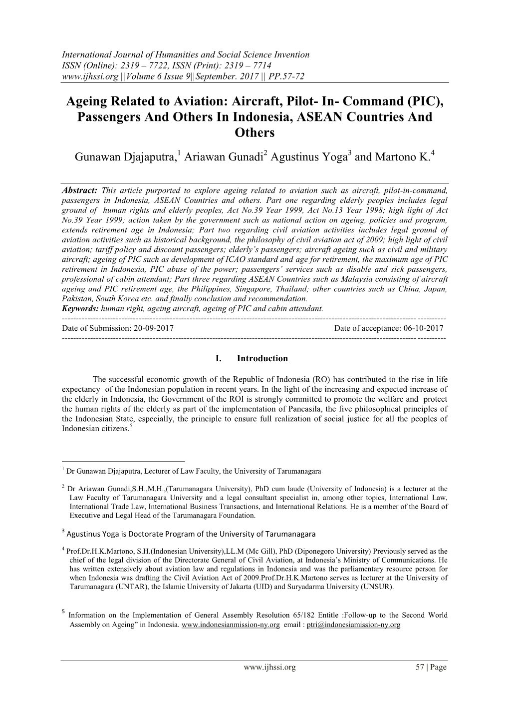 Ageing Related to Aviation: Aircraft, Pilot- In- Command (PIC), Passengers and Others in Indonesia, ASEAN Countries and Others