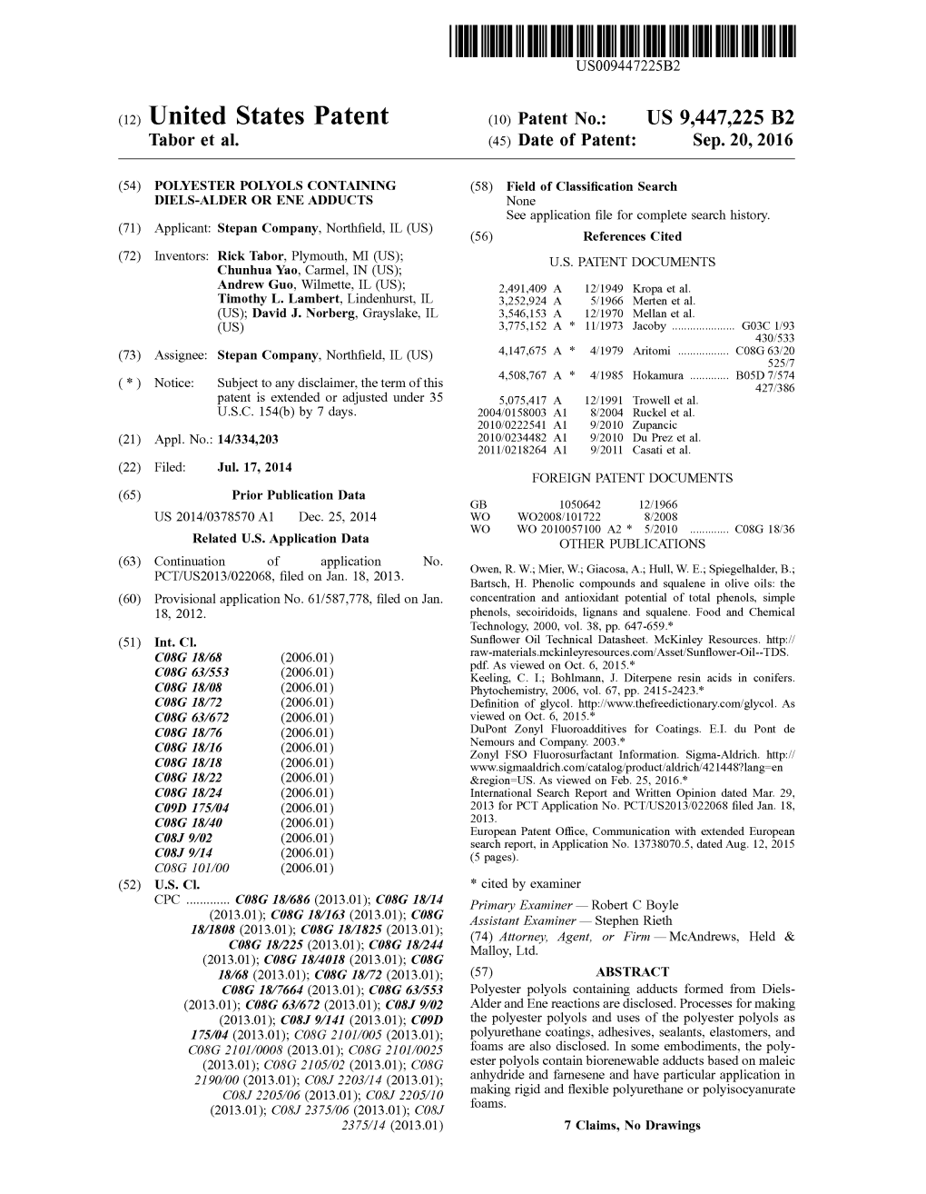 (12) United States Patent (10) Patent No.: US 9.447.225 B2 Tabor Et Al