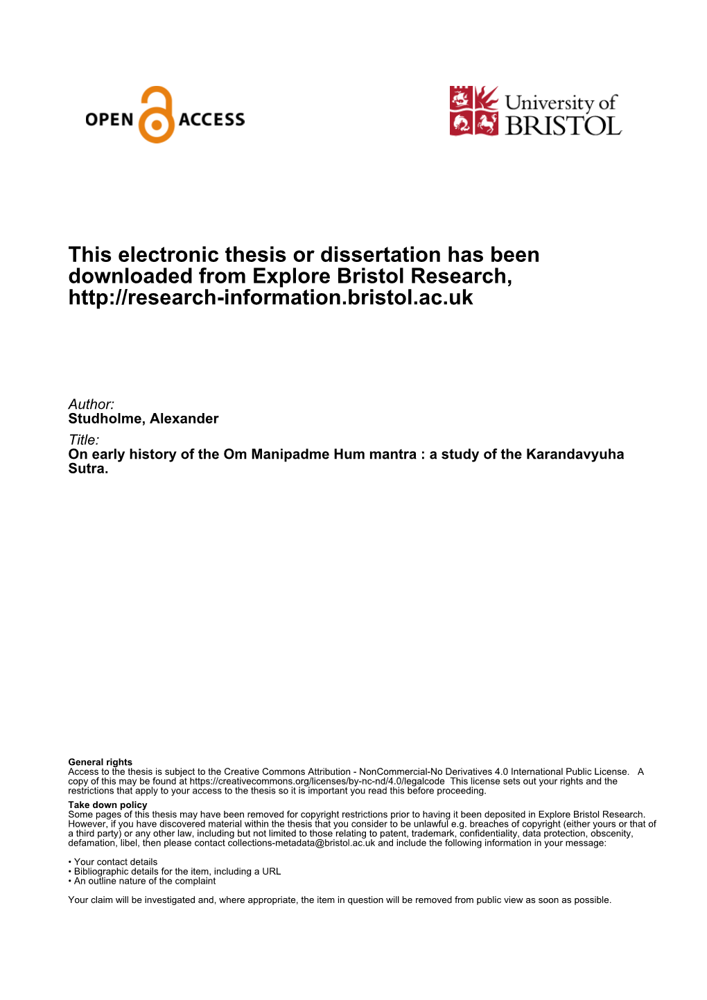 This Electronic Thesis Or Dissertation Has Been Downloaded from Explore Bristol Research