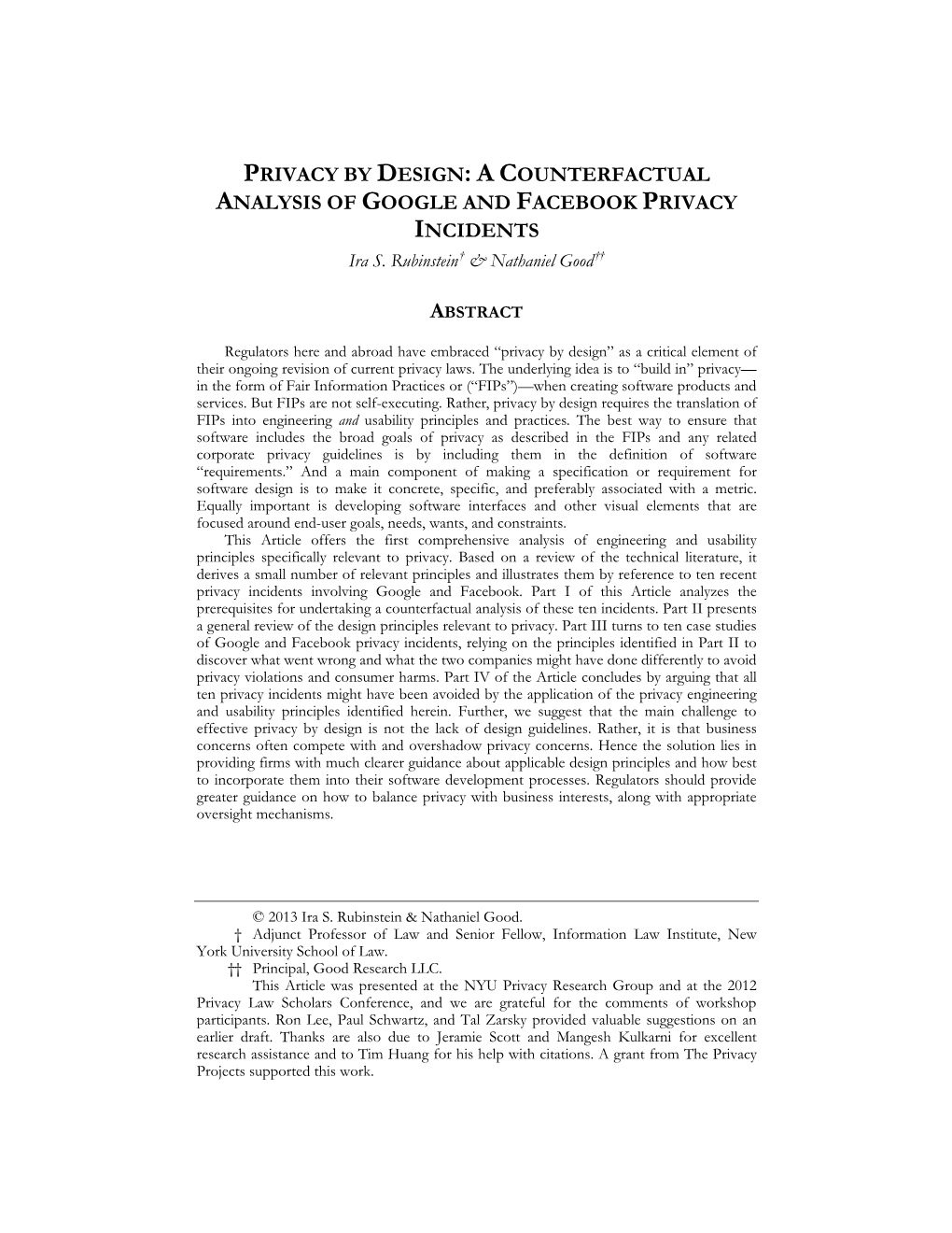 A COUNTERFACTUAL ANALYSIS of GOOGLE and FACEBOOK PRIVACY INCIDENTS Ira S
