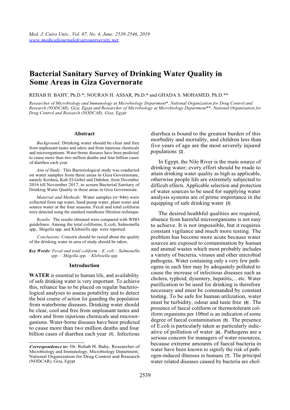 Bacterial Sanitary Survey of Drinking Water Quality in Some Areas In