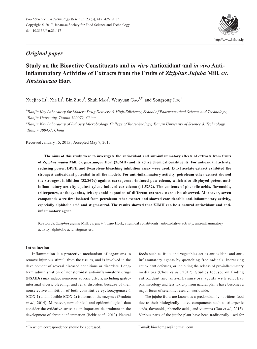 Inflammatory Activities of Extracts from the Fruits Ofziziphus Jujuba Mill