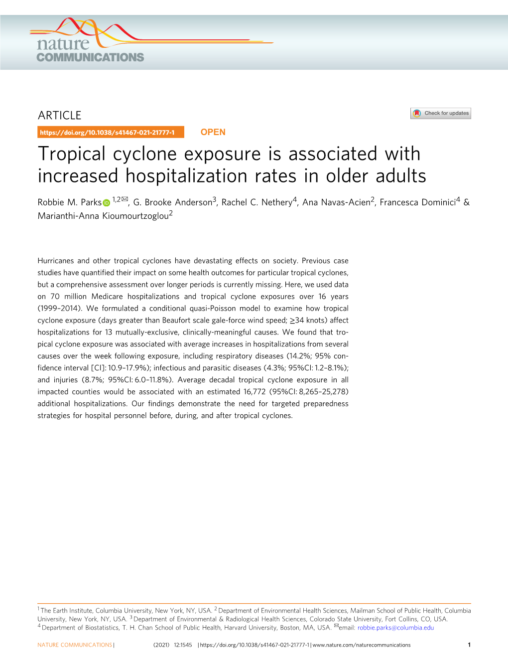 Tropical Cyclone Exposure Is Associated with Increased Hospitalization Rates in Older Adults ✉ Robbie M
