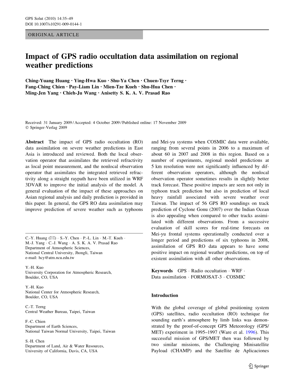 Impact of GPS Radio Occultation Data Assimilation on Regional Weather Predictions