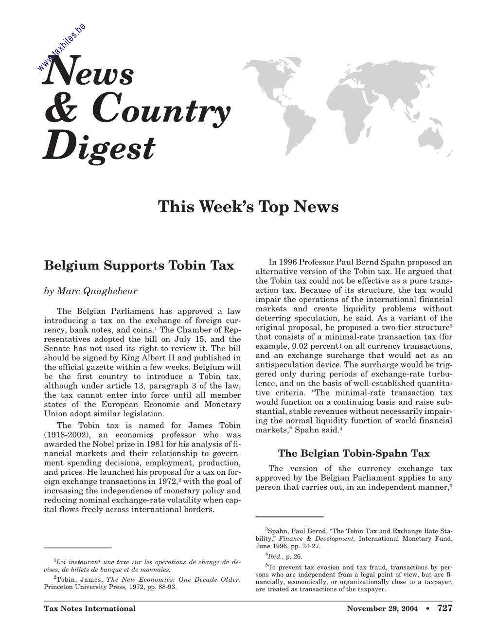 Belgium Supports Tobin Tax Alternative Version of the Tobin Tax